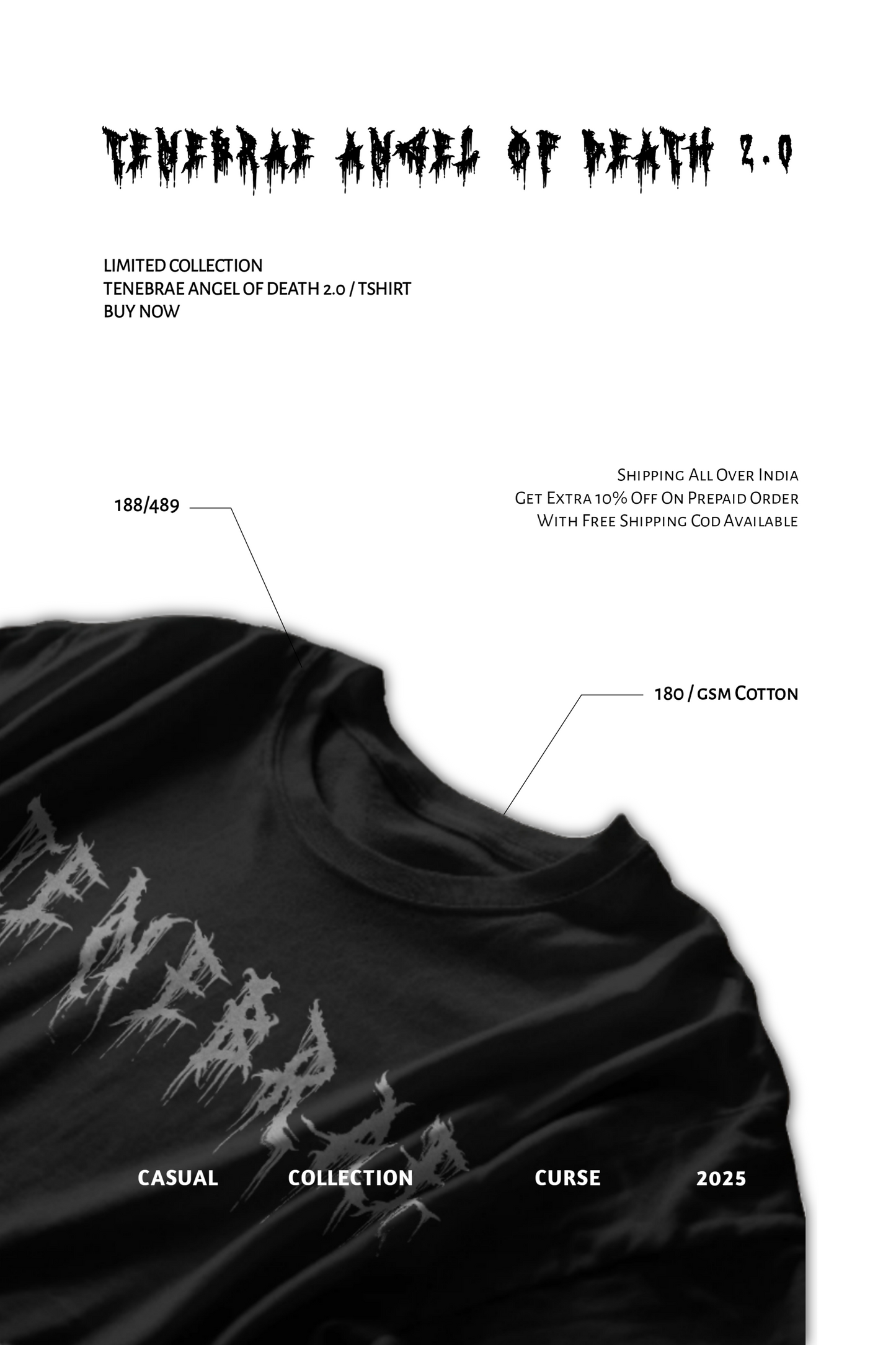 Tenebrae Angel Of Death 2.0 | Casual Wear Black Crew Tshirt